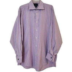 FACCONABLE Men's Button Down Long Sleeve Purple White Striped Shirt Size 17.5 L